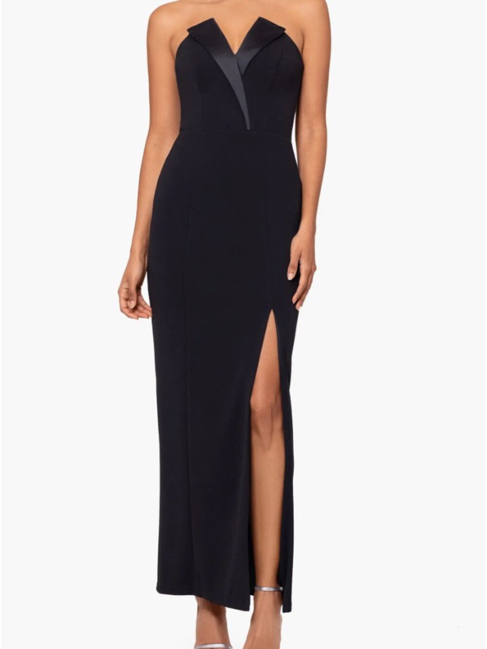 Betsy & Adam Black Strapless Tuxedo Gown